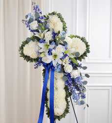 Blue and White Standing Cross Davenport Florist - Same Day Flower Delivery - Flower Power 
